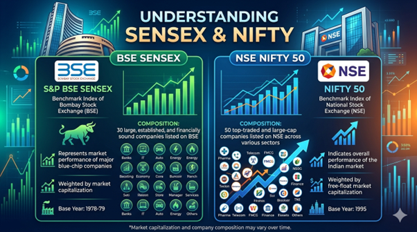 సెన్సెక్స్ & నిఫ్టీ అంటే ఏమిటి? స్టాక్ మార్కెట్ గైడ్ 2026